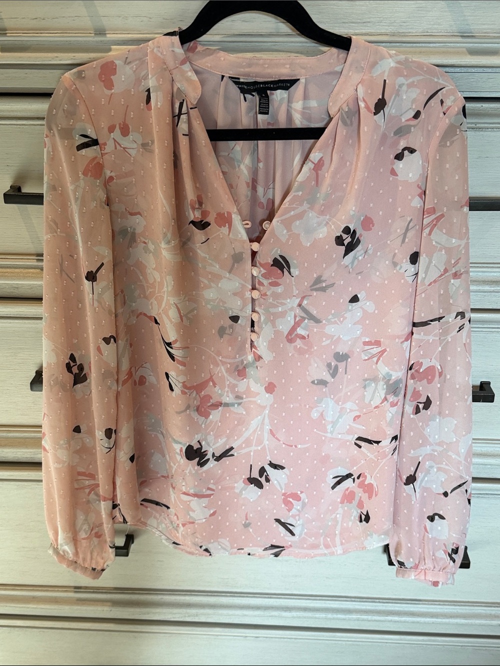 White House Black Market Light Pink Floral V-Neck Blouse